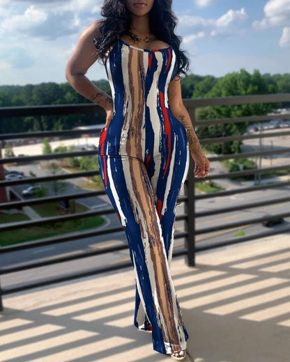 flowersverse Women's Jumpsuit Summer Fashion Printed Solid Color V-Neck Casual Sleeveless Long Skinny Suspender Jumpsuit