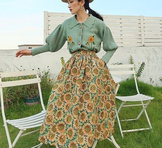 flowersverse Back to school outfit Van Gogh Skirt  Spring Autumn New Style Cover Meat Slimming Retro Elegant Sunflower Jacquard High Waist Skirts