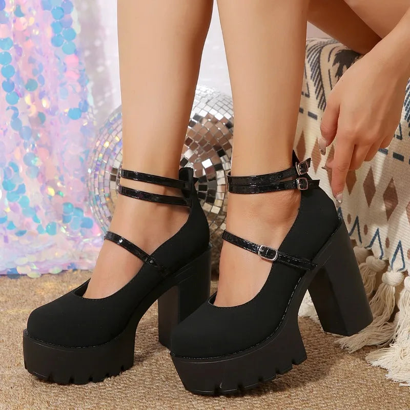 Pink Chunky Heeled Ankle Strap Pumps Sweet Platform Square Heel Woman High Heels Pumps Platform Shoes 2024 Spring Woman Shoes