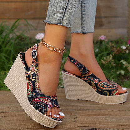 flowersverse Style Print Wedge Sandals for Women Peep Toe Chunky Platform Shoes Woman Summer Thick Bottom Gladiator Sandalias Mujer