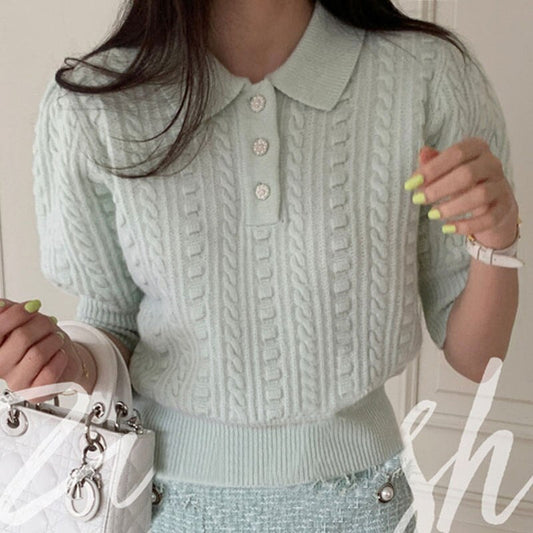 flowersverse Back to school outfit Elegant Knit Cardigan Korean Chic Summer Temperament Simple Pearl Buckle Csual Short Sleeve Thin Short Sweater Top