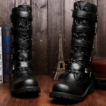 flowersverse-New Men's Leather Motorcycle Boots Military Boots Gothic Belt Punk Boots Men's Shoes Outdoor Tactical Military Boots