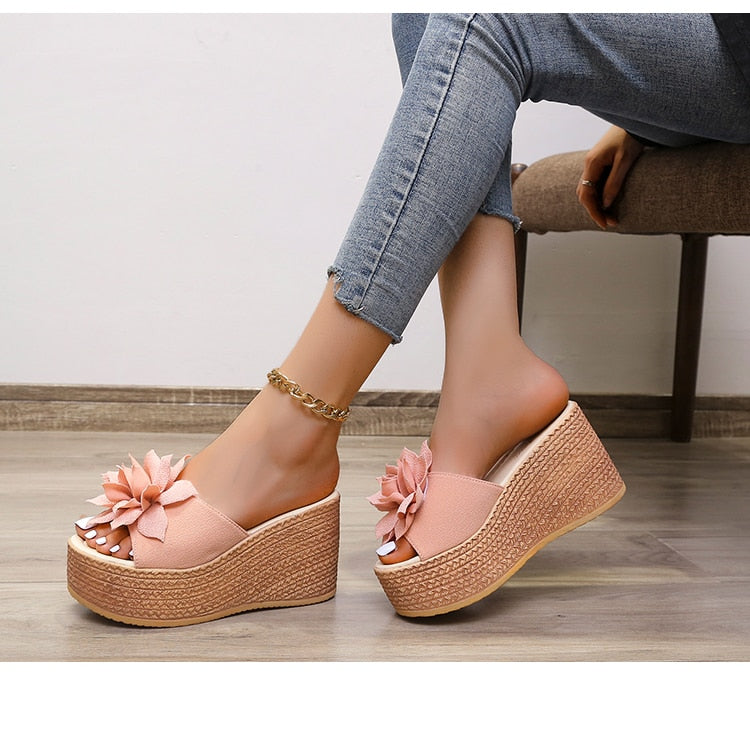 flowersverse 9Cm Heels Summer Beach Platform Women Wedge Slippers Appliques Butterfly-Knot Female Sandals Clog Shoes Slides Women