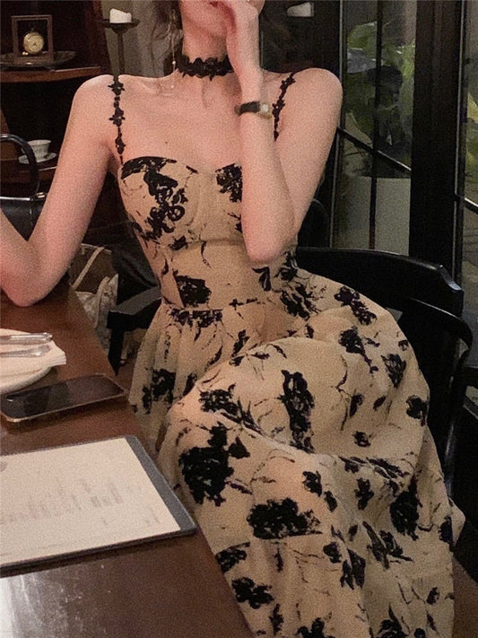 flowersverse Backless Sling Dress Women Summer  New Vintage Sleeveless Ladies Vestido Summer Retro Chic Evening Party Design Midi Dresses