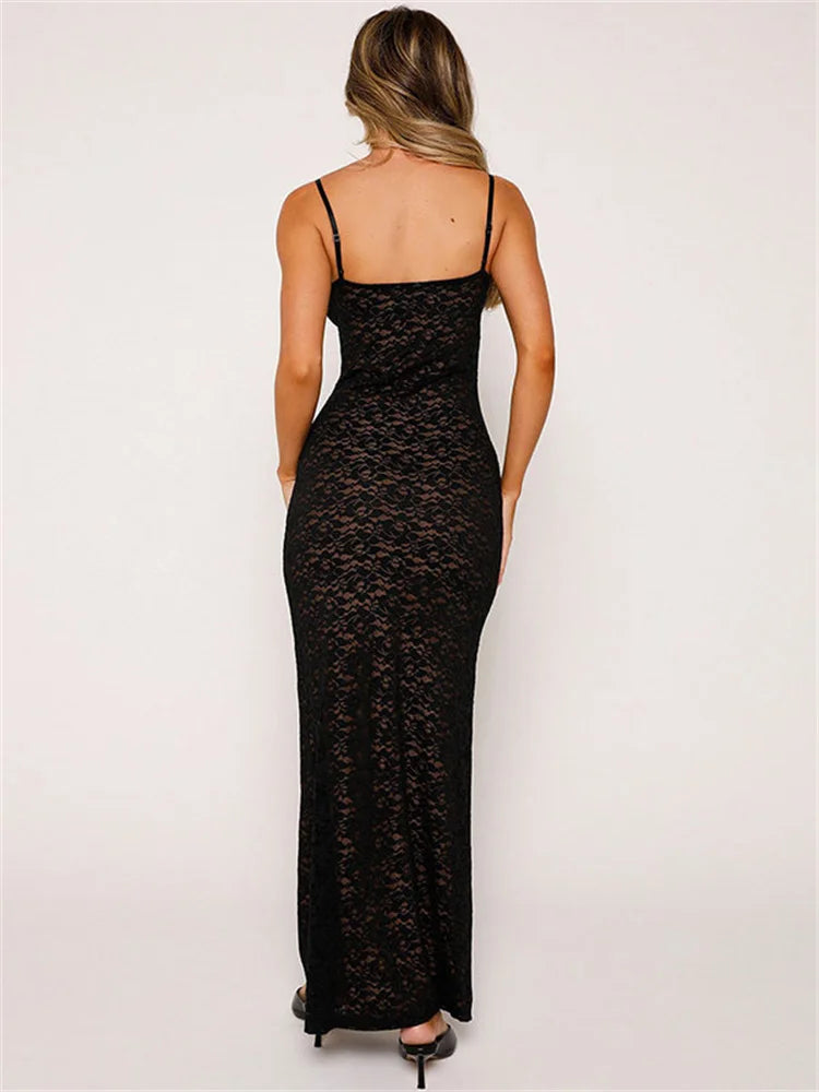 Tossy Lace Hollow Out Backless Maxi Dress Slim V-Neck See-Through High Street Summer Elegant Party Dress Fashion Slim Dress