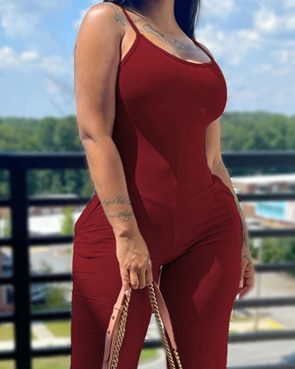 flowersverse Women's Jumpsuit Summer Fashion Printed Solid Color V-Neck Casual Sleeveless Long Skinny Suspender Jumpsuit