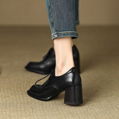 flowersverse  Spring Women Loafers Split Leather Pumps Women Round Toe Square Heel Women Shoes Casual High Heel Shoes Women Lace-up Shoes