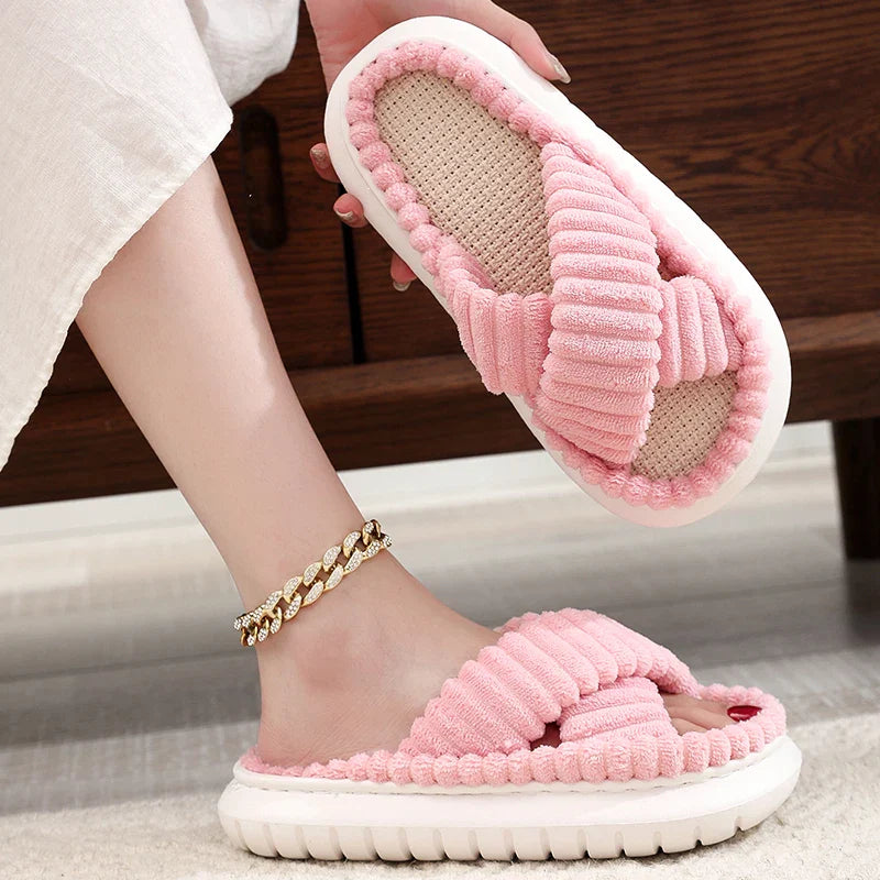 flowersverse-2024 rNew Women Home Slippers Open-Toe Cross Band Linen Soled Indoor Slides Linen Soled Non-Slip Bathroom Slippers