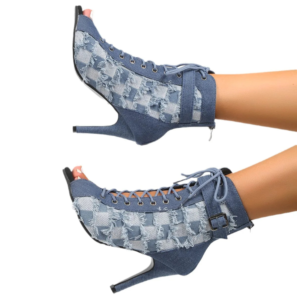 flowersverse-Rubber Sole Latin Dance Boots Sexy Modern Shoes Dance High-heeled 9cm Sandals Lace-up Hollow Belt Buckle Fashion Square Denim