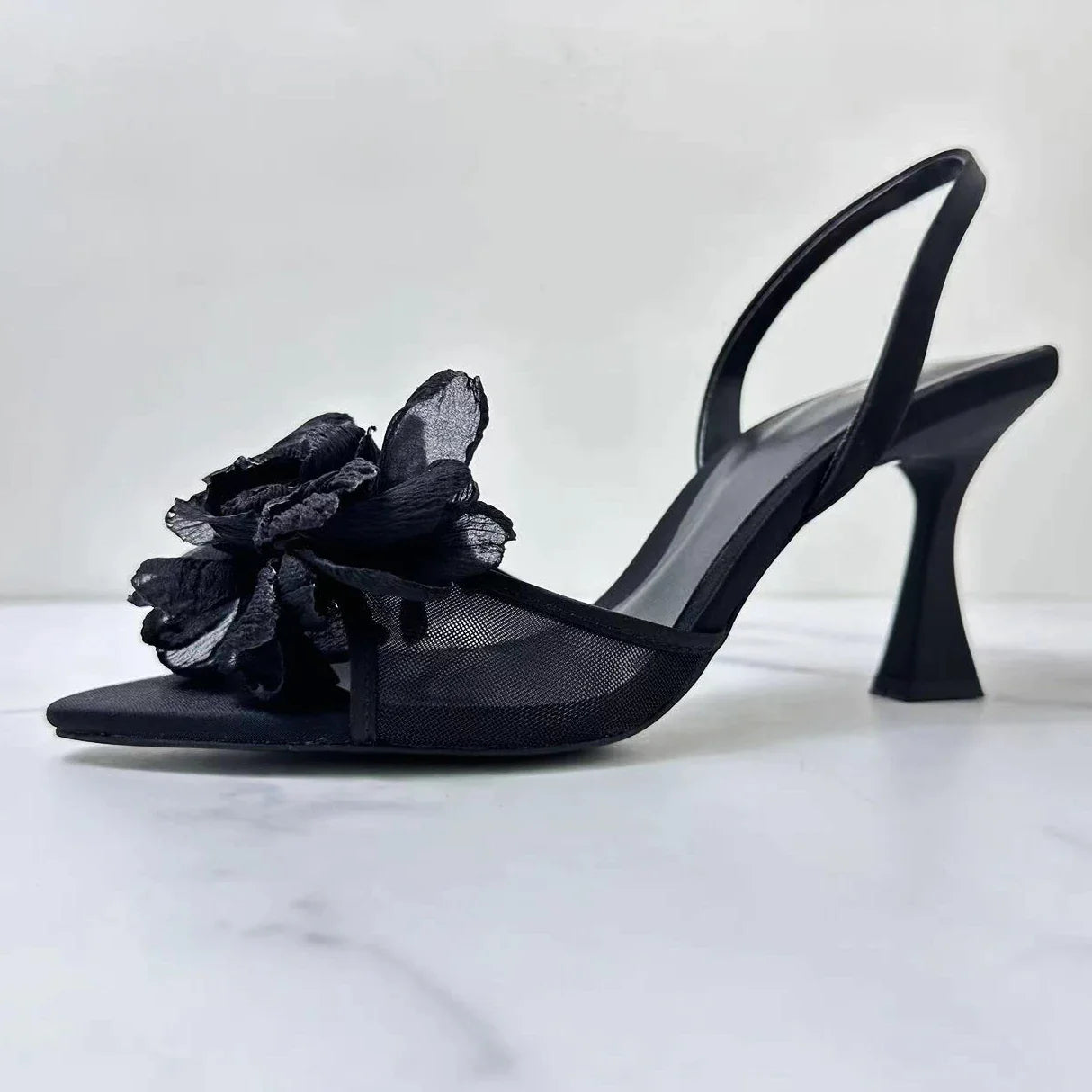 flowersverse-Flowers Slingback High Heels Women Pointed Fine Heel Sandals Women Open-toe Black Mesh Floral Party Dress Slippers Women Pumps