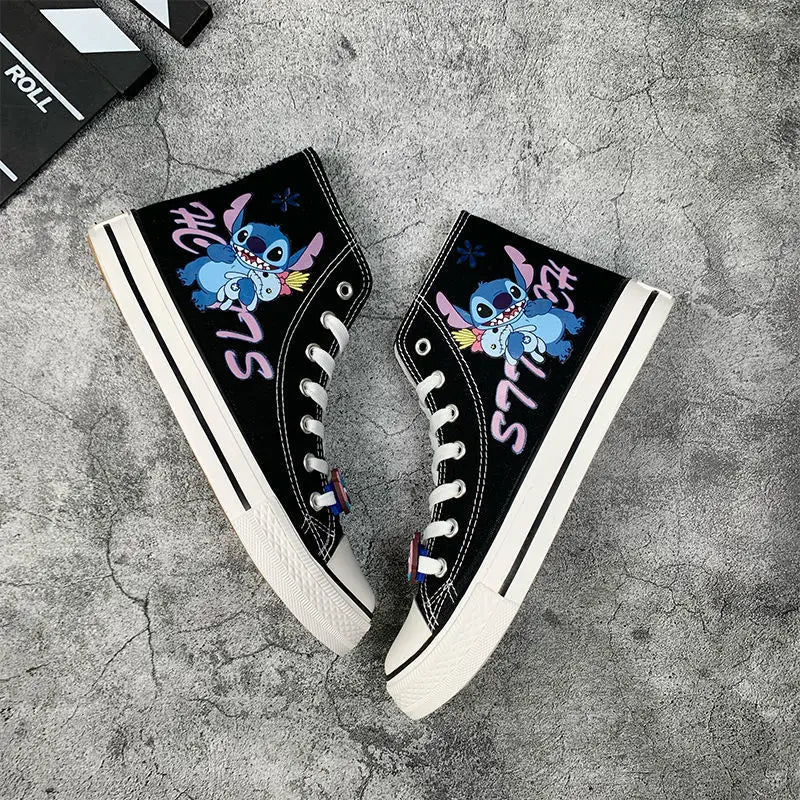 flowersverse-Lilo & Stitch Canvas Shoes Cute Cartoon Little Monster Pattern Shoes Fashion Casual Sports High and Low Canvas Shoes