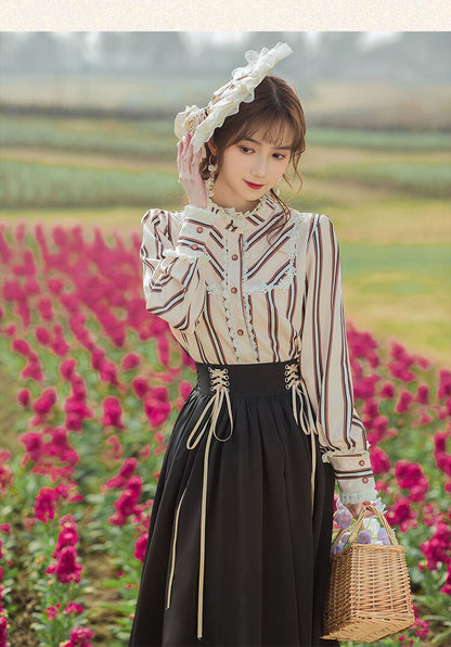 flowersverse Back to school outfit Chic Vintage Style Woman Outfits Retro Lantern Sleeve Striped Shirt & Lace Ribbon Long Maxi Skirt Cottage Prairie 2 Piece Sets