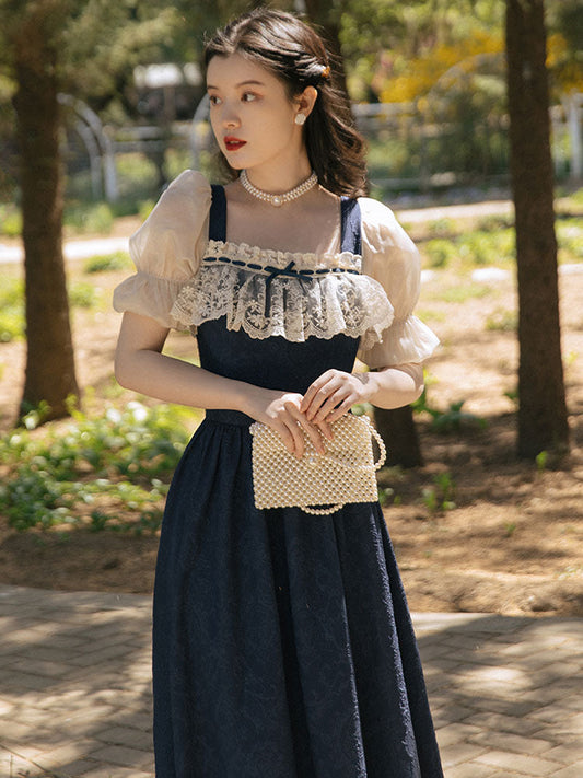 flowersverse Back to school Summer Retro Woman Jacquard Dress Vitnage French Style Puff Sleeve Lace Square Collar Elegant Blue Midi Dresses Vestido Festa