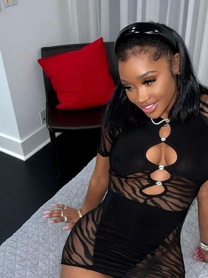 flowersverse Hirigin Cut Out   Zebra Mesh Transparent Women's Mini Dress For Beach Holiday Night Club Party Bodycon Pencil Short Dresses