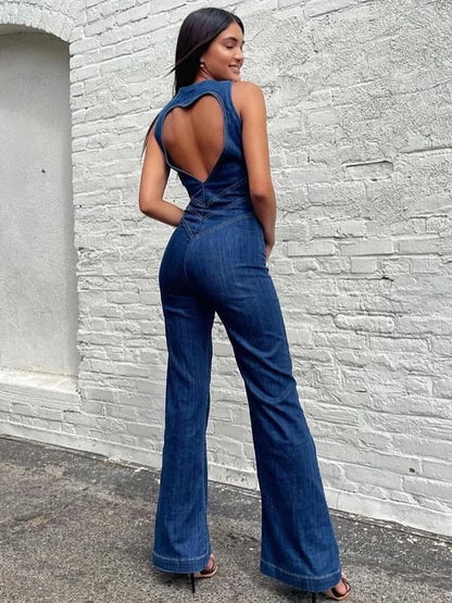 flowersverse- Backless Heart Cutout Bodycon Jumpsuit For Women Casual Sleeveless Slim One-Piece Outfits Retro Denim Jumpsuits New