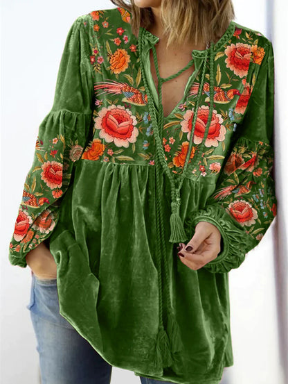 flowersverse-Women Blouse Vintage Print V Neck Long Sleeve Elastic Cuff Streetwear Spring Autumn Loose Velvet T-shirt Pullover Women Clothes