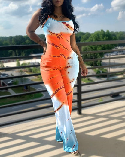 flowersverse Women's Jumpsuit Summer Fashion Printed Solid Color V-Neck Casual Sleeveless Long Skinny Suspender Jumpsuit