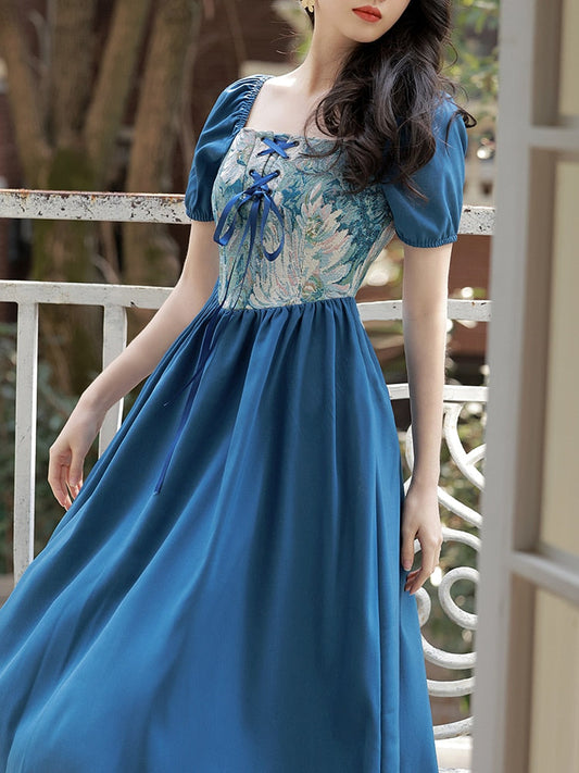 flowersverse Back to school outfit Summer Vintage Oil Paintings Jacquard Blue Dress For Slim Lady Retro French Style Floral Bandage Princess Dresses Vestido Festa