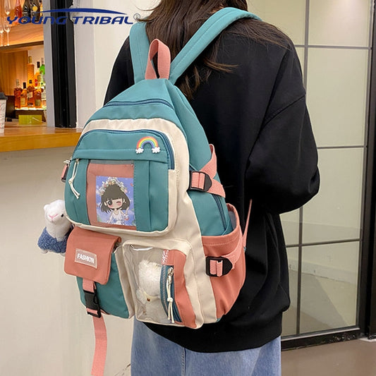 flowersverse Back to school backpack Women's Candy Color Buckle Badge Fashion Cute Schoolbag Shoulder Student Bag Teenage Girl College Backpacks