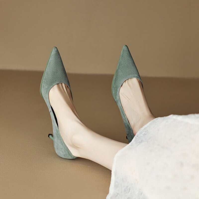 flowersverse NEW Spring Women Shoes Pointed Toe Thin Heel Pumps for Women Sheep Suede High Heels Green Women Stiletto Heels zapatos de mujer