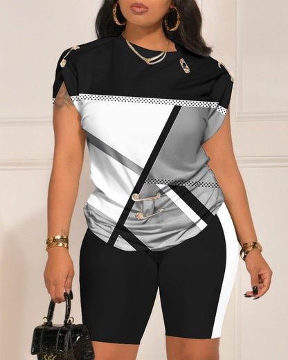 flowersverse Two Piece Sets Womens Outifits Summer Fashion Design Pin Digital Print Round Neck Short Sleeved Top & Casual Skinny Shorts Set