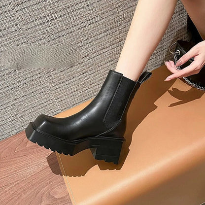 flowersverse-Genuine Leather Women Nude Boots New Chunky Heel Chelsea Boots Square Toe High Heeled Short Boots Designer Fashion Women Boots