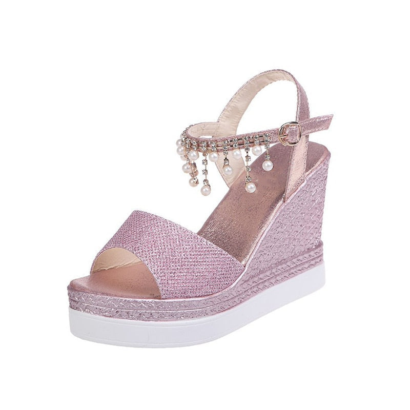 flowersverse New Women Wedge Sandals Summer Bead Studded Detail Platform Sandals Buckle Strap Peep Toe Thick Bottom Casual Shoes Ladies