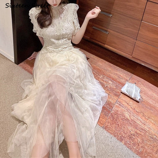 flowersverse Apricot Mesh Dress Woman Summer Vintage High Waist Ball Gown Dress Bodycon Female Elegant Party Bridesmaid Maxi Dresses Woman