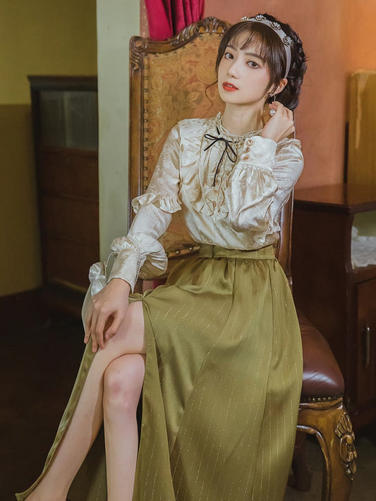 flowersverse Back to school outfit Cottage Vintage Woman Outfits Modern Retro Lantern Sleeve Ruffles Shirt & Green Bright Silk Slit Skirt Gorgeous 2 Piece Sets