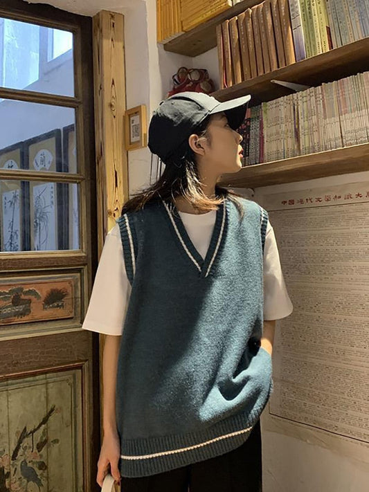 flowersverse Autumn And Winter Women Knitted Sweater Vest Simple Classic BF Outwears Patchwork Korean Style V-Neck All-Match Sleeveless Vest