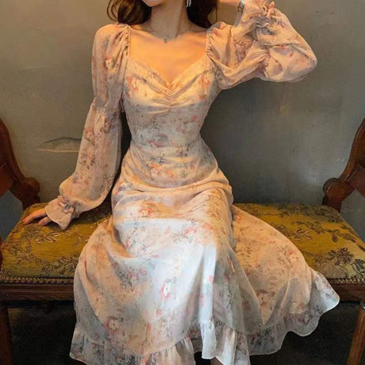 flowersverse Back to school outfit Romantic Chiffon Fairy Dress Woman Vintage Print Floral Square Collar Flare Sleeve Ruffles Midi Dress For Slim Lady Party Night