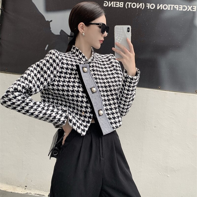flowersverse Back to school outfit Chic Short Coat Woman Autumn New Ins Fashion Vintage Plaid Loose Stand Collar Buttons Stitching Versatile Jacket