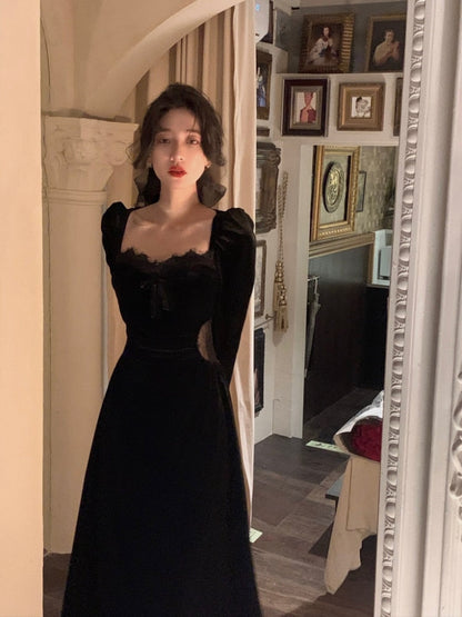 flowersverse Autumn Slim Black Velvet Dress Casual Korean Fashion Elegant Midi Dress Woman Party Long Sleeve Vintage Lace Dress Design