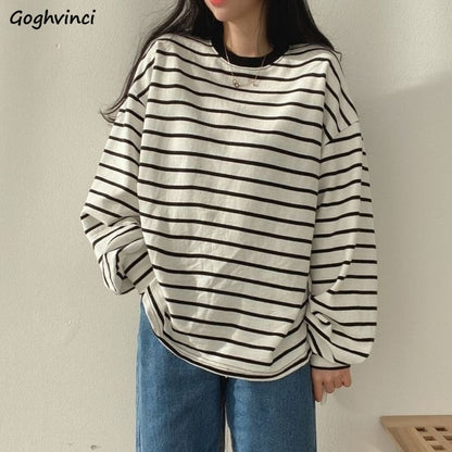 flowersverse Basic T-Shirts Women Striped Top All-Match Stylish Daily Lazy Simple Spring Autumn Long Sleeve Tees Korean Style Hot Sale New