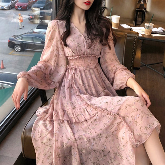 flowersverse Bella Philosophy Clothing Dresses Vestidos Print Korean Style Fashion New Long Sleeve Autumn Chiffon Pink Women