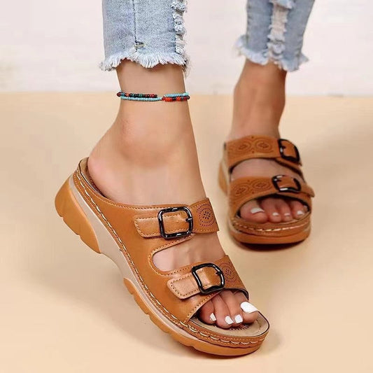 flowersverse Fashion Double Buckle Wedge Slippers Women Summer  Brown PU Leather Platform Sandals Woman Casual Non Slip Beach Flip Flops