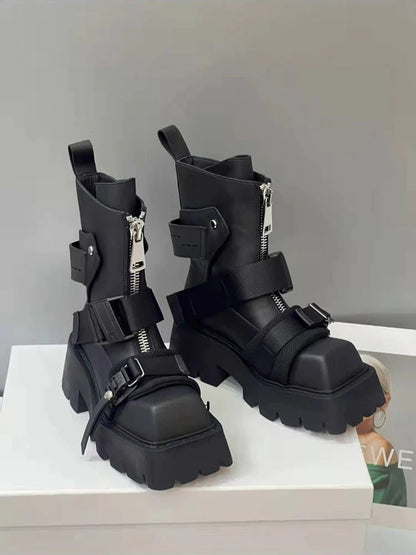 flowersverse-Genuine Leather Boots Women 2024 Tube Platform Boots Belt Buckle Design Cool Biker Botas Square Thick Bottom Head Ankle Boots