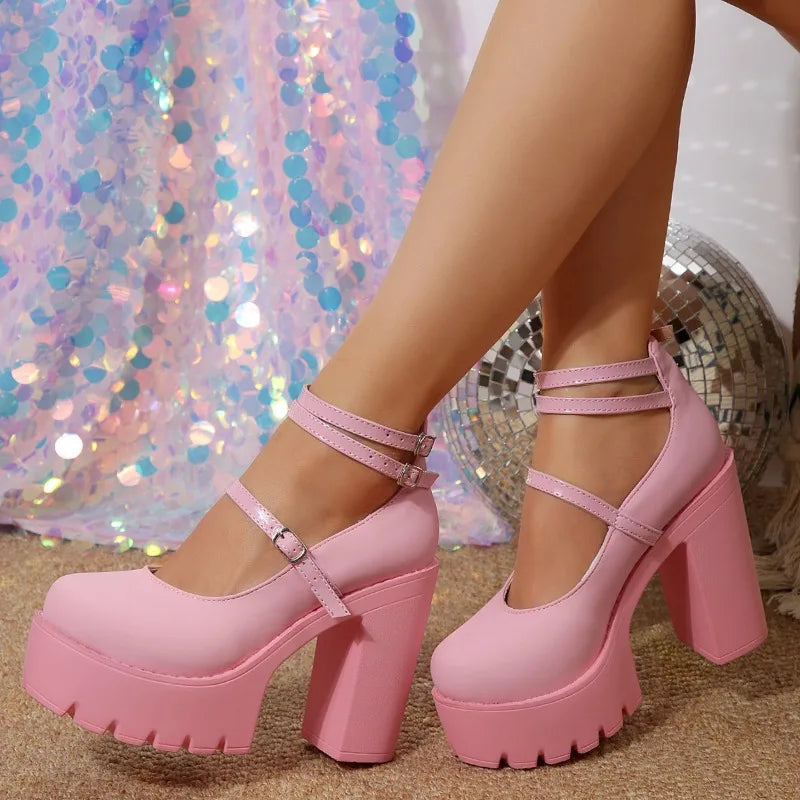 Pink Chunky Heeled Ankle Strap Pumps Sweet Platform Square Heel Woman High Heels Pumps Platform Shoes  Spring Woman Shoes