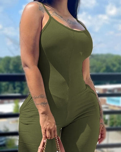 flowersverse Women's Jumpsuit Summer Fashion Printed Solid Color V-Neck Casual Sleeveless Long Skinny Suspender Jumpsuit