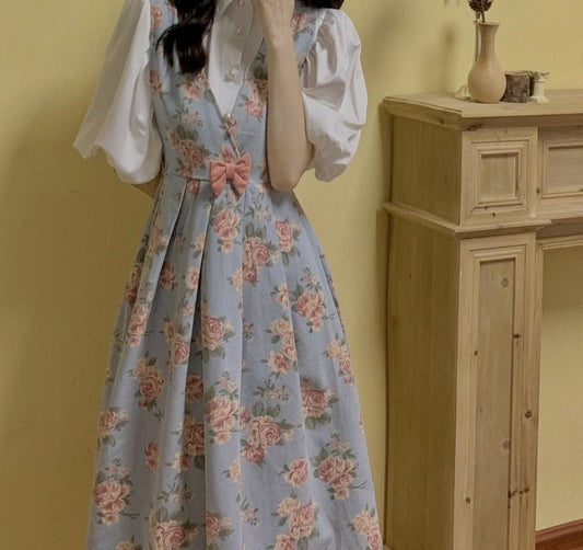 flowersverse Back to school outfit Women Fashion 2 Piece Set Sweet Lolita Style Floral Print Denim Long Dress French College White Short Sleeve Blouse