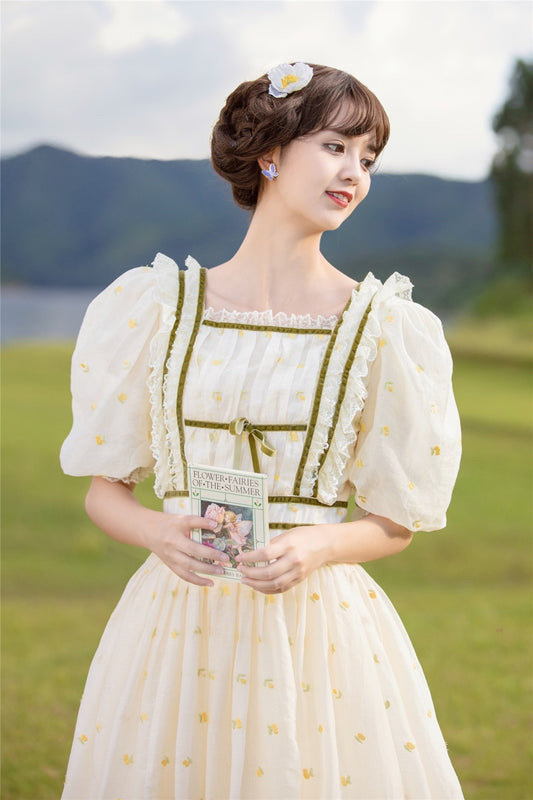 flowersverse Back to school outfit Summer Mori Girl Style Woman Dress Vintage Cottage Embroidery Flower Lace Puff Sleeve Retro Chic Princess Dresses Vestido Festa