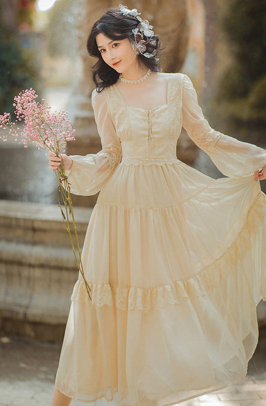 flowersverse Back to school outfit Retro Medieval Royal Princess Dress Woman Vintage Chiffon Lace Bandage Lantern Sleeve Luxury Lady Long Dresses Vestido Festa