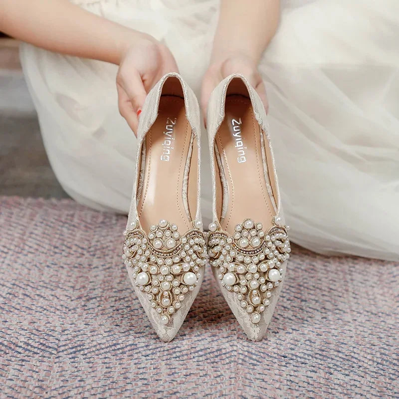 flowersverse-Shoes for Women Wedding Shoes Autumn Women Shoes Plus Size 43 Slip-on Pearl Single Shoes Fashion Party Footwear Zapatos Mujer