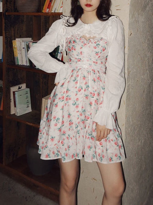 flowersverse Back to school outfit Casual Lolita Lace Mini Dress Women Elegant Fairy Floral Dress Bodycon  Spring Two Piece Dress Set Korean Kawaii Clothing