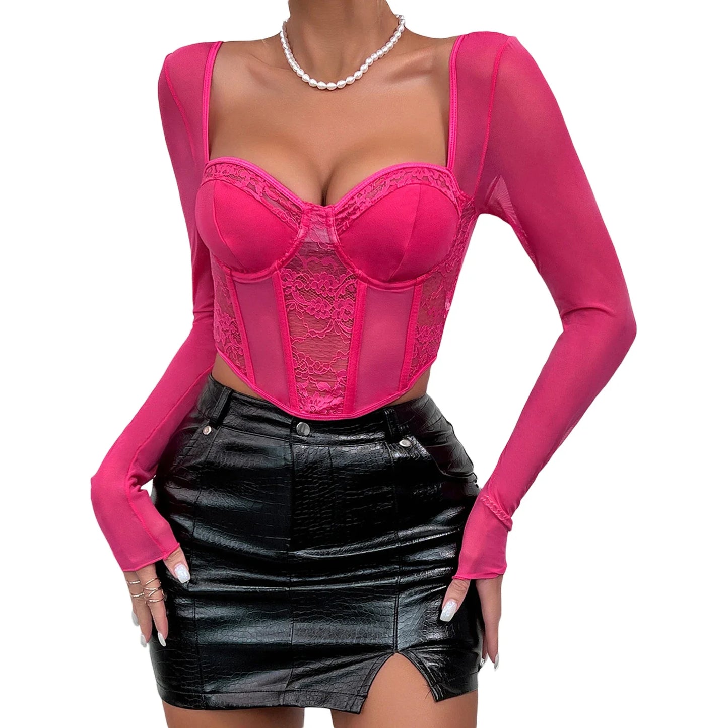 flowersverse-Women Y2k Lace Patchwork Corset Crop Tops Sexy V Neck Long Sleeve T-shirt See Through Open Back Bustier Shirt Streetwear