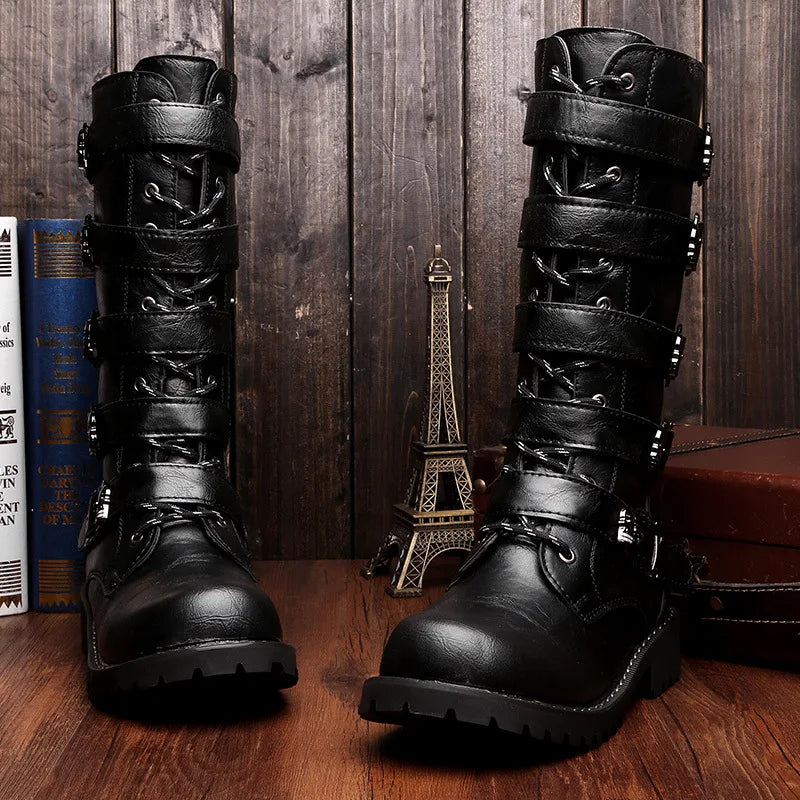 flowersverse-New Men's Leather Motorcycle Boots Military Boots Gothic Belt Punk Boots Men's Shoes Outdoor Tactical Military Boots