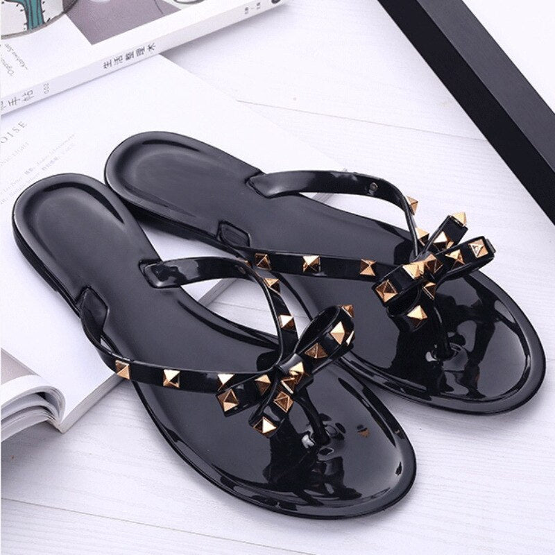 Back To School flowersverse   Fashion Slipper Women's Flip Flops Summer Shoes Beach Rivet Big Bow Flat Sandals Jelly Shoes Sandals Girls Hot Sale