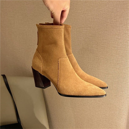 flowersverse Spring/Autumn Women Boots Pointed Toe Chunky Heel Suede Leather Women Shoes Heel Height(5cm-8cm)Retro Solid Short Boots Ladies