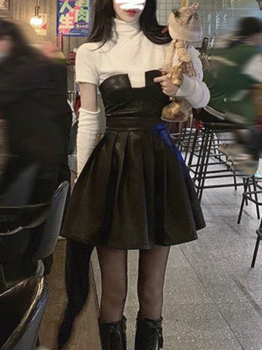 flowersverse Back to school outfit  Spring Elegant Y2K Mini Dress Women Casual Two Piece Dress Set Korean Knitted Sweater Crop Tops Chic Sexy Short Party Dress