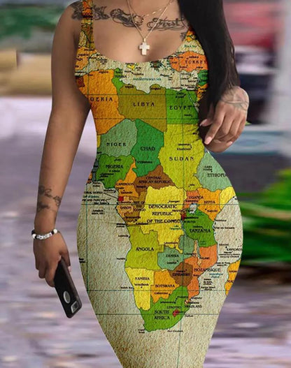 flowersverse Summer Dresses for Women  Map Print Sleeveless U-Neck Bodycon Mini Daily Dress